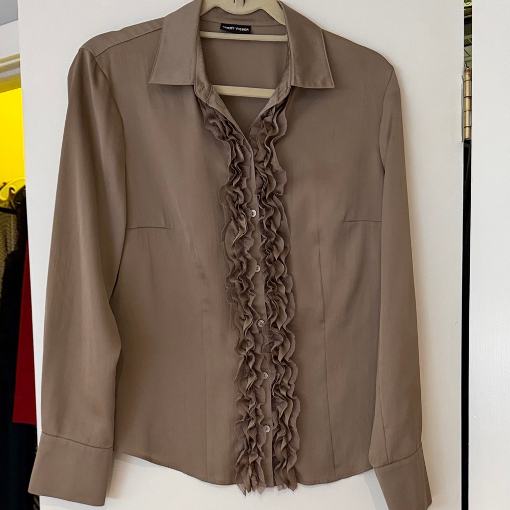 Beige Ruffled Button-Up Blouse